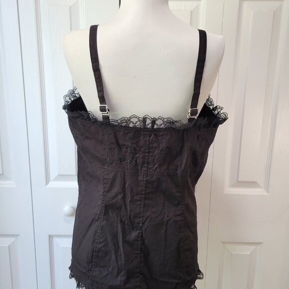 TRIPP NYC Hot Topic Skull Embroidery Zip-Up Black Ruffle Lace Corset Top sz XL - Picture 3 of 9